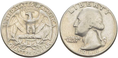 США 25 центов (квотер) 1966 Вашингтон KM 164а медь плакированная медно-никелем 117-254