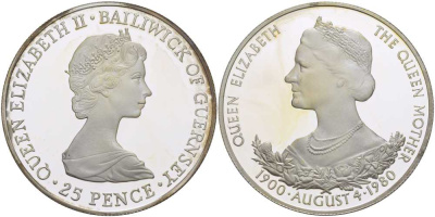 Гернси 25 пенсов 1980 80 лет Королеве Елизавете (королеве матери), в оригинальной коробке, с сертификатом KM 35а серебро PROOF 6-5-3-28