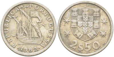 ПОРТУГАЛИЯ 2,5 ЭСКУДО 1982 ПАРУСНИК KM 590 медно-никель 4523-1114