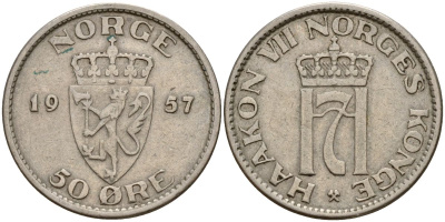 Норвегия 50 эре 1957 Хокон VII (1905-1957) KM 402 медно-никель 4152-458