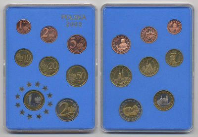 Польша набор из 8 монет 2003 Европробники, планшет, буклет, тираж 2000 экз.    UNC  1-6-2-25