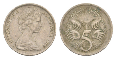 Австралия 5 центов 1968 Елизавета II (1952-2022) молодой портрет, ехидна KM 64 медно-никель 4151-762