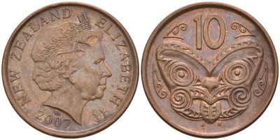 Новая Зеландия 10 центов 2007 маска Маори, Елизавета II (1952-) KM 117а сталь плакированная медью 4179-614