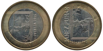 Словения 3 евро 2014 200 лет со дня рождения фотографа Янеза Пухара KM 118 биметалл 107-325