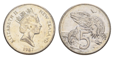 Новая Зеландия 5 центов 1987 Елизавета II (1952-2022), ящерица гаттерия KM 60 медно-никель UNC 4178-369