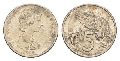 Новая Зеландия 5 центов 1985 Елизавета II (1952-2022), ящерица гаттерия KM 34 медно-никель 4651-219