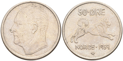 Норвегия 50 эре 1965 Улаф V (1957-1991), собака KM 408 медно-никель 63-1022