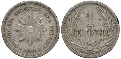 Уругвай 1 сентесимо 1909 KM 19 медно-никель 4169-625