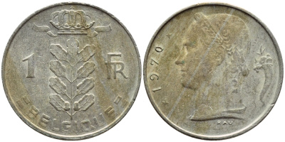 БЕЛЬГИЯ 1 ФРАНК 1970 BELGIQUE KM 142.1 медно-никель 4395-456