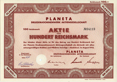 Германия 100 рейхсмарок 1942 АО Книгопечатные машины и оборудование Planeta, акция   бумага   8802-57-1