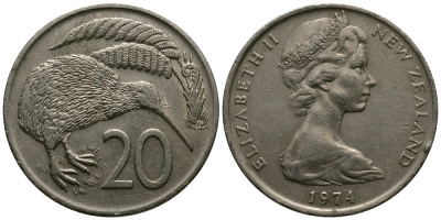 Новая Зеландия 20 центов 1974 Елизавета II (1952-2022), птичка киви KM 36.1 медно-никель 47-435