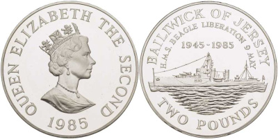 Джерси 2 фунта 1985 40 лет освобождения от фашизма (1945-1985), в коробке, тираж 2500 экземпляров KM 64а серебро  PROOF  6-5-3-34