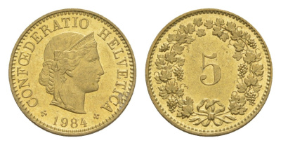 Швейцария 5 раппенов 1984 KM 26c алюминиевая бронза 4611-1246