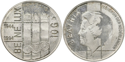 Нидерланды 10 гульденов 1994 50 лет Бе-Ни-Люкс, три здания парламентов KM 216 серебро aUNC 441-1542