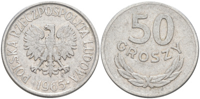 Польша 50 грошей 1965 MW KM 48.1, Parchimowicz 210b алюминий 190-434