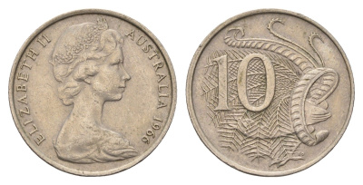 Австралия 10 центов 1966 Елизавета II (1952-2022), птица лирахвост KM 65 медно-никель 4671-956