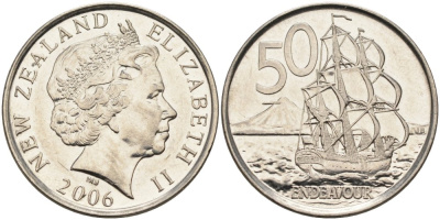Новая Зеландия 50 центов 2006 Елизавета II (1952-2022), парусник Индевор KM 119а никелированная сталь 4579-1033