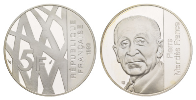 Франция 5 франков 1992 Пьер Мендес-Франс, в оригинальной коробке, сертификат KM 1006 a серебро  PROOF  1-6-4-35