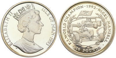 Остров Мэн 10 фунтов 1993 Найджел Мэнселл, чемпион Мировой серии F1, гоночный болид КМ 345 серебро  PROOF  1091-7-62