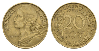 Франция 20 сантимов 1964 KM 930 алюминиевая бронза 3336-946