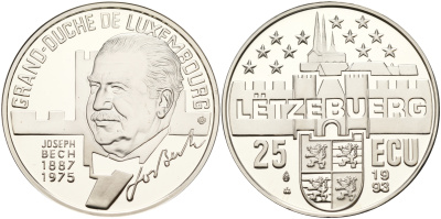 Люксембург 25 экю 1993 Жозеф Беш, один из основателей Евросоюза KM X 36 серебро PROOF 00-00
