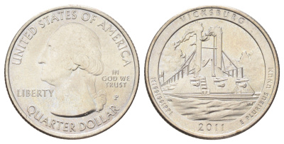 США 25 центов (квотер, 1/4 доллара) 2011 P, Квотеры «Парки США» - Национальный парк Виксбург KM 497 медь плакированная медно-никелем UNC 4666-933