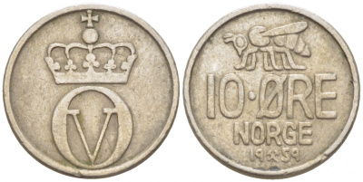НОРВЕГИЯ 10 ЭРЕ 1959 ПЧЕЛА, ПЕРВЫЙ ГОД KM 411 медно-никель 3309-736