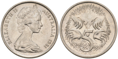 Австралия 5 центов 1981 Елизавета II (1952-2022), ехидна KM 64 медно-никель 4564-1229