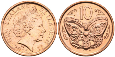 Новая Зеландия 10 центов 2014 маска Маори, Елизавета II (1952-) KM 117а сталь плакированная медью 68-1241