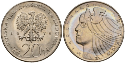 Польша 20 злотых 1975 MW, Международный год женщины KM 75, Parchimowicz 248 медно-никель UNC 97-425