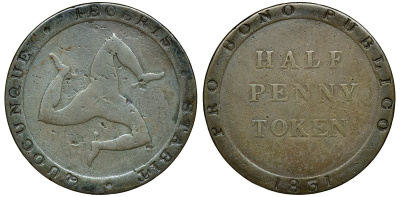 Остров Мэн 1/2 пенни 1831 KM Tn21 медь 4132-1135