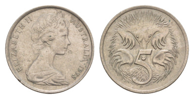 Австралия 5 центов 1978 Елизавета II (1952-2022) молодой портрет, ехидна KM 64 медно-никель 4655-1265