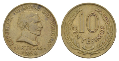 Уругвай 10 сентесимо 1960 KM 39 никель латунь 4633-1051