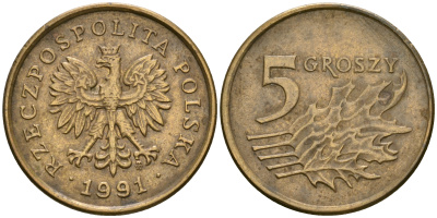 Польша 5 грошей 1991 MW KM 278 латунь 4608-755