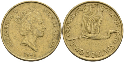 Новая Зеландия 2 доллара 1991 Елизавета II (1952-2022), большая белая цапля KM 79 алюминиевая бронза 59-535