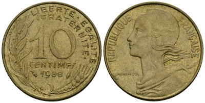 Франция 10 сантимов 1988 тип Marianne KM 929 алюминиевая бронза 4136-428