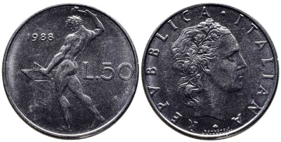 ИТАЛИЯ 50 ЛИР 1988 KM 95.1 нержавеющая сталь 261-711