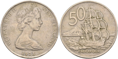 Новая Зеландия 50 центов 1973 Елизавета II (1952-2022), парусник Индевор KM 37.1 медно-никель 4131-1215