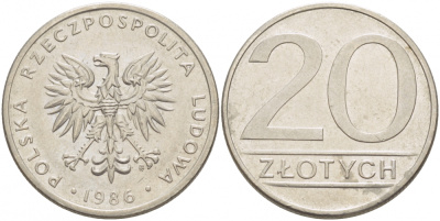 ПОЛЬША 20 ЗЛОТЫХ 1986 MW KM 153.1 медно-никель 77-714