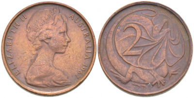 АВСТРАЛИЯ 2 ЦЕНТА 1967 ЕЛИЗАВЕТА II, МОЛОДОЙ ПОРТРЕТ, ПЛАЩЕНОСНАЯ ЯЩЕРИЦА (FRILLED LIZARD) KM 63 бронза 77-726
