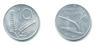 Италия 10 лир 1977 R, колосья, плуг KM 93 алюминий 3999-1247