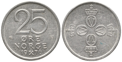 НОРВЕГИЯ 25 ЭРЕ 1976 УЛАФ V (1957-1991) KM 417 медно-никель 100-1163