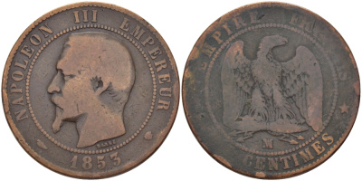 Франция 10 сантимов 1853 МА, Наполеон III (1852-1870) KM 771.6 бронза 3460-242