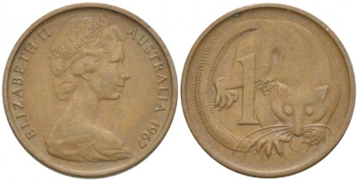 Австралия 1 цент 1967 Елизавета II (1953-), молодой портрет, опоссум КМ 62 бронза 4532-515