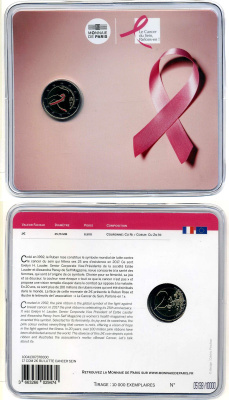 Франция 2 евро 2017 25 лет розовой ленте (борьба с раком груди), цветная эмаль, буклет, пластик, запайка KM 105 биметалл BUNC 000-00-00