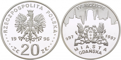 Польша 20 злотых 1996 MW, 1000 летие Гданьска KM 319 серебро PROOF 1084-6-43