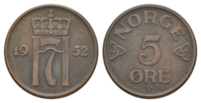 Норвегия 5 эре 1952 Хокон VII (1905-1957) KM 400 бронза 4635-543