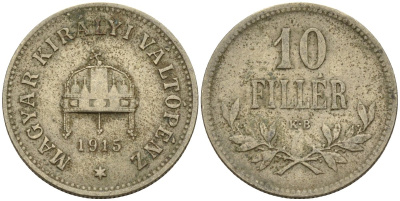 Венгрия 10 филлеров 1915 KB, Франц Иосиф I (1848-1916) KM 494 медь никель цинк 4151-1129