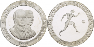 Испания 2000 песет 1990 XXV летние Олимпийские игры 1992 года в Барселоне, бег KM 864 серебро PROOF 02-090-33