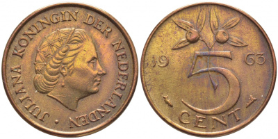 НИДЕРЛАНДЫ 5 ЦЕНТОВ 1963 ЮЛИАНА KM 181 бронза 3856-735